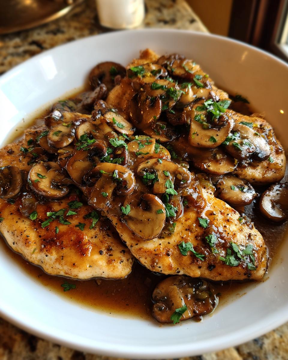 A close-up view of tender Chicken Marsala topped with sautéed mushrooms and fresh parsley.