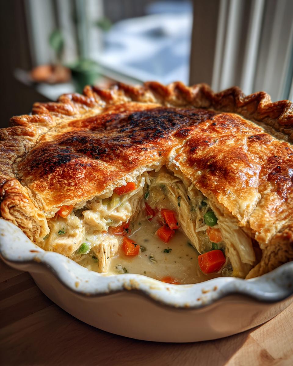 A golden-brown, flaky crust is cut open to reveal a creamy chicken pot pie filling with chunks of chicken and vegetables.