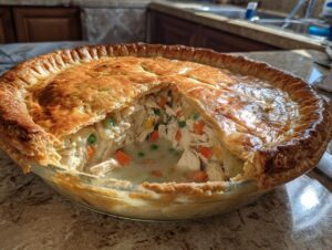 A golden-brown chicken pot pie with a flaky crust, showing a generous filling of chicken, peas, and carrots.
