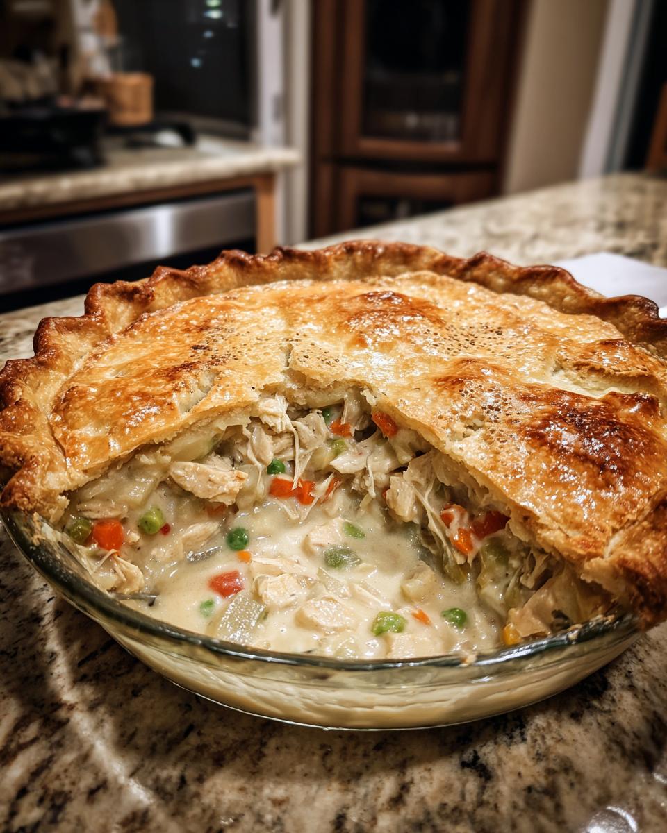 A close-up of a golden-brown chicken pot pie with a flaky crust, revealing a creamy filling with chicken and vegetables.