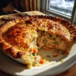 A slice of golden brown chicken pot pie with creamy filling, chicken, peas, and carrots.
