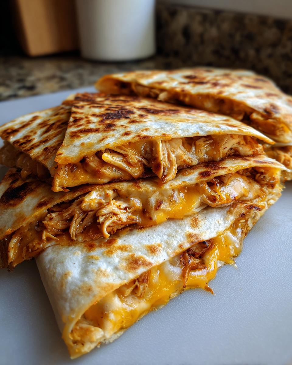 A close-up of stacked chicken quesadillas, showing shredded chicken and melted cheese oozing out.