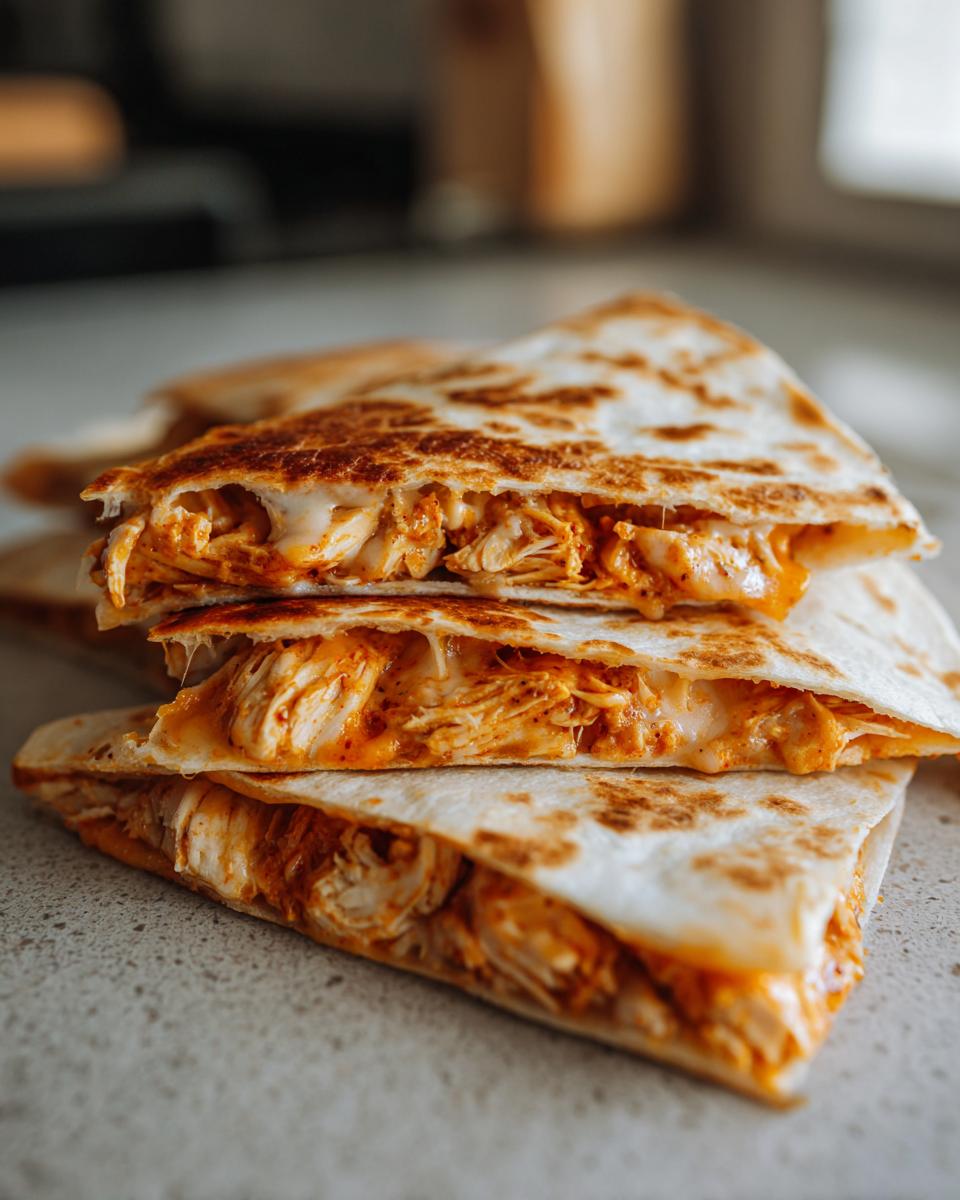 A close-up stack of three golden-brown chicken quesadillas, filled with shredded chicken and melted cheese.