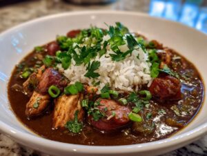 A close-up of a bowl of rich, dark gumbo filled with chicken, sausage, and topped with white rice and fresh green onions.