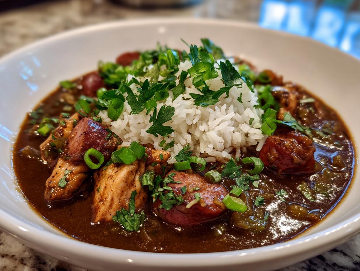 A close-up of a bowl of rich, dark gumbo filled with chicken, sausage, and topped with white rice and fresh green onions.