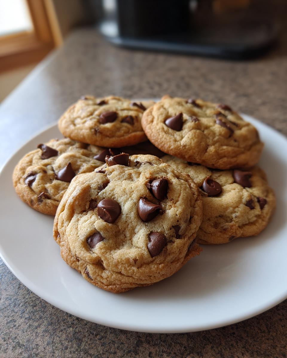 A close-up of a stack of freshly baked chocolate chip cookies on a white plate.