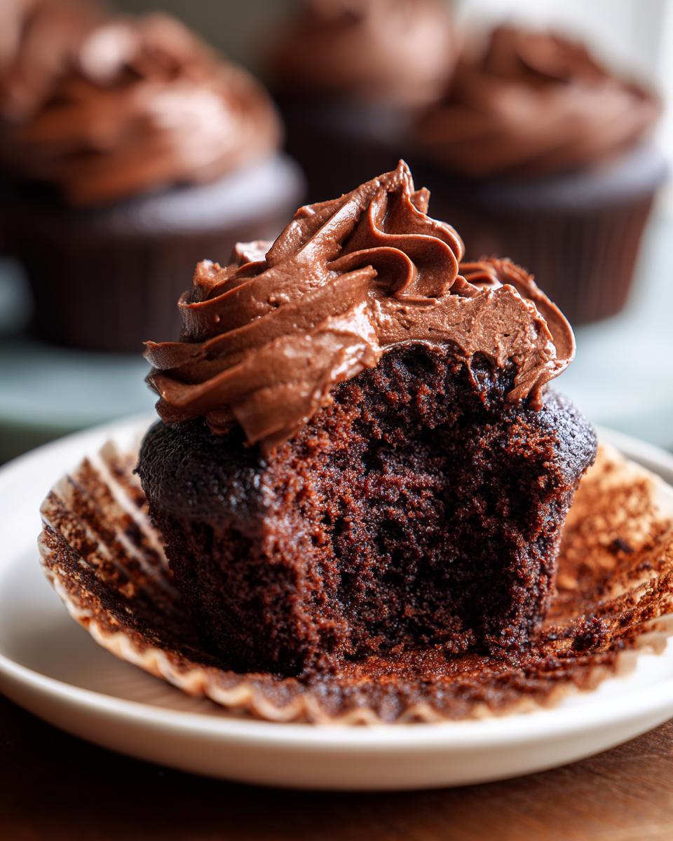 A close-up of a moist chocolate cupcake with rich chocolate frosting, a bite taken out.