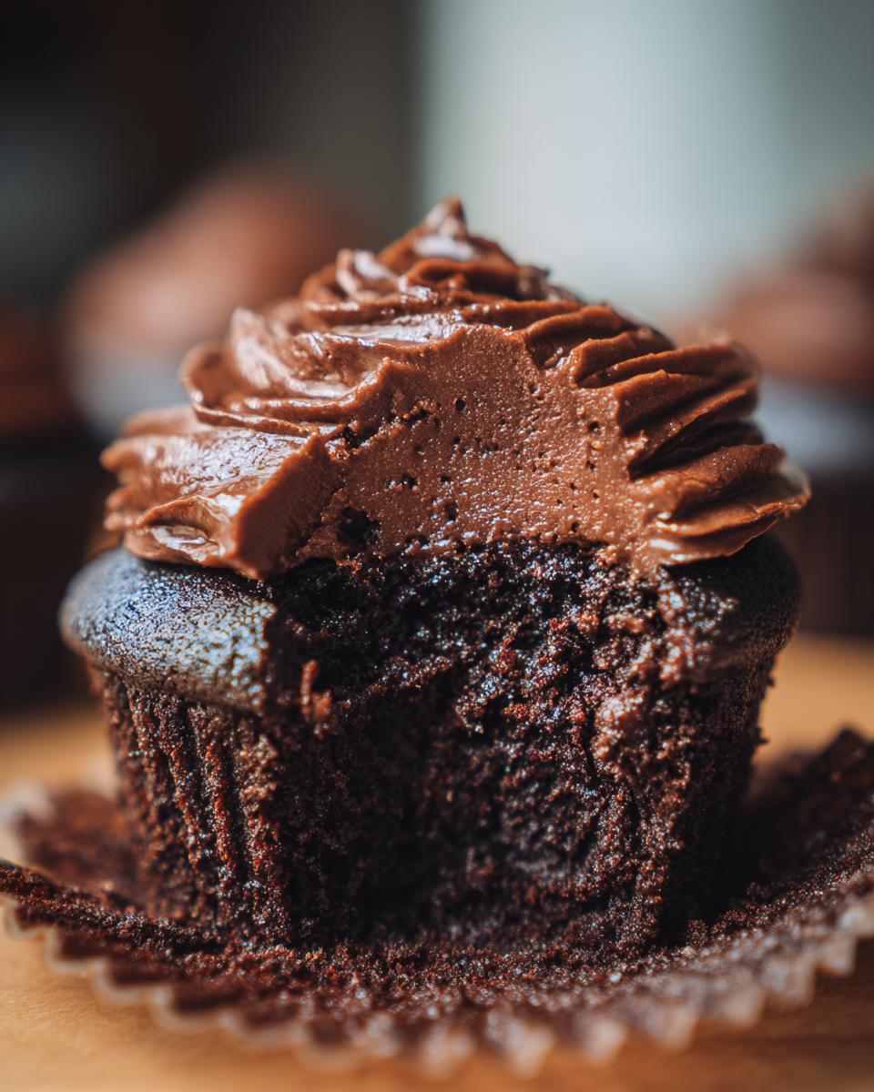 Close-up of a moist chocolate cupcake with creamy chocolate frosting, a bite taken out.