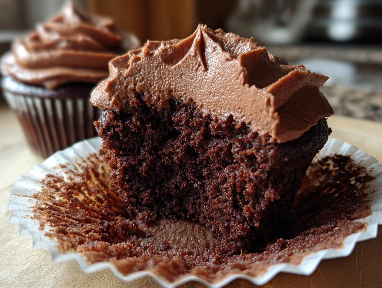 A close-up of a decadent chocolate cupcake, half-eaten, revealing its moist crumb and topped with creamy chocolate frosting.