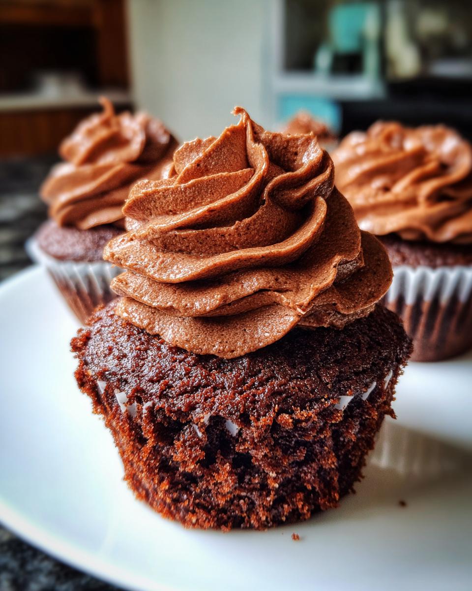 Close-up of a decadent chocolate cupcake topped with creamy chocolate frosting, with more chocolate cupcakes in the background.