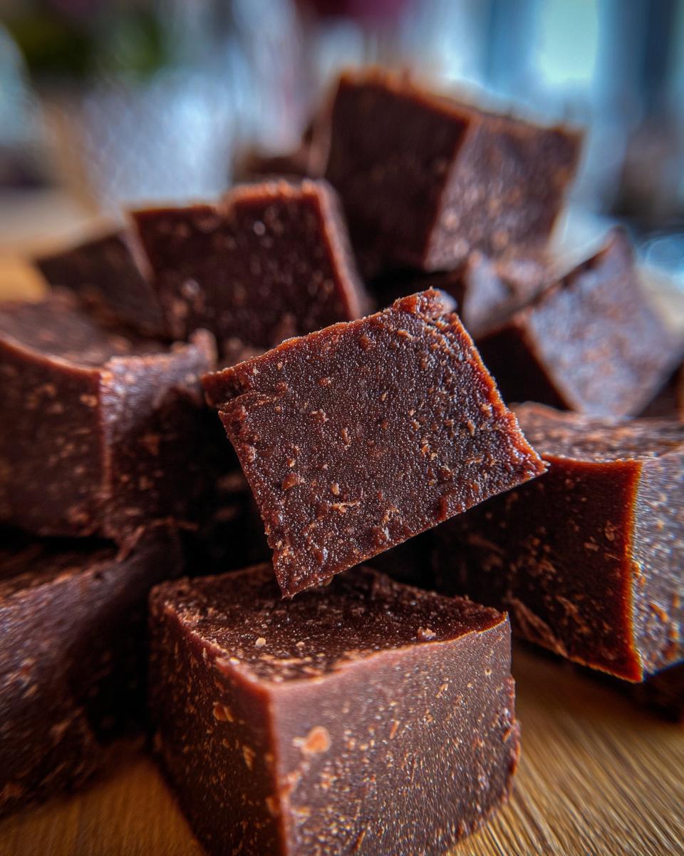 Close-up of rich, dark chocolate fudge cubes, showcasing their dense texture and deep color.
