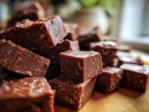 A close-up view of a pile of delicious, bite-sized chocolate fudge pieces.