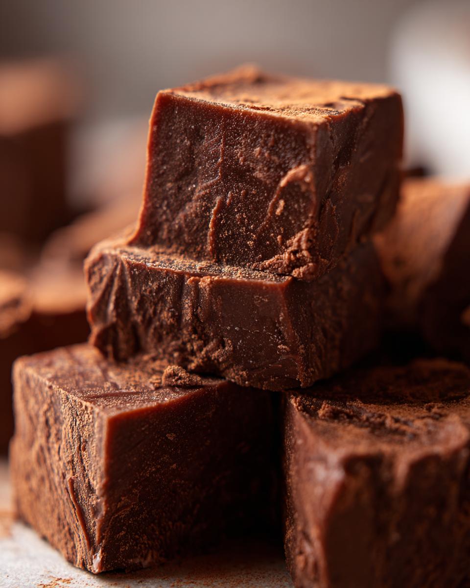 Close-up of rich, dark chocolate fudge pieces dusted with cocoa powder, stacked on top of each other.