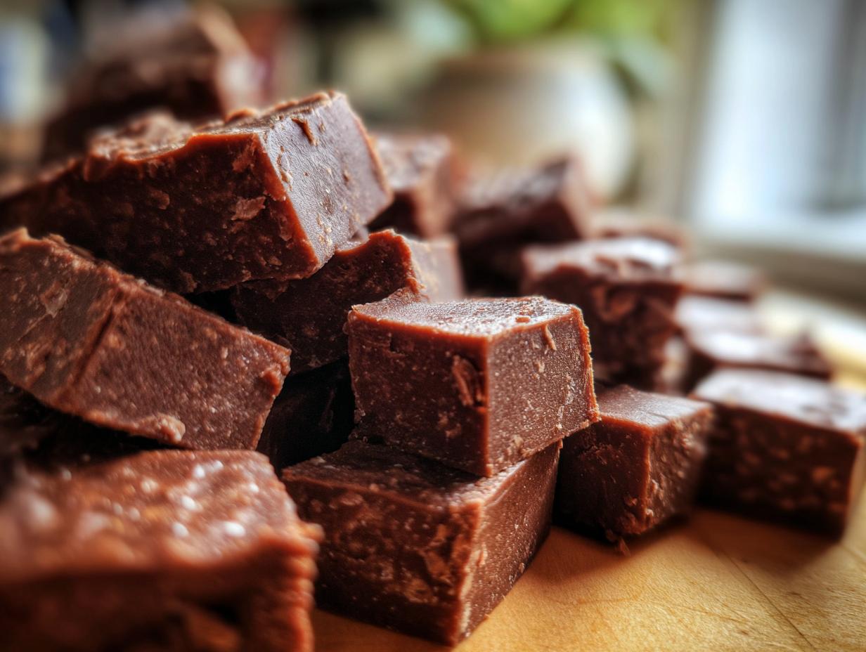 A close-up view of a pile of delicious, bite-sized chocolate fudge pieces.