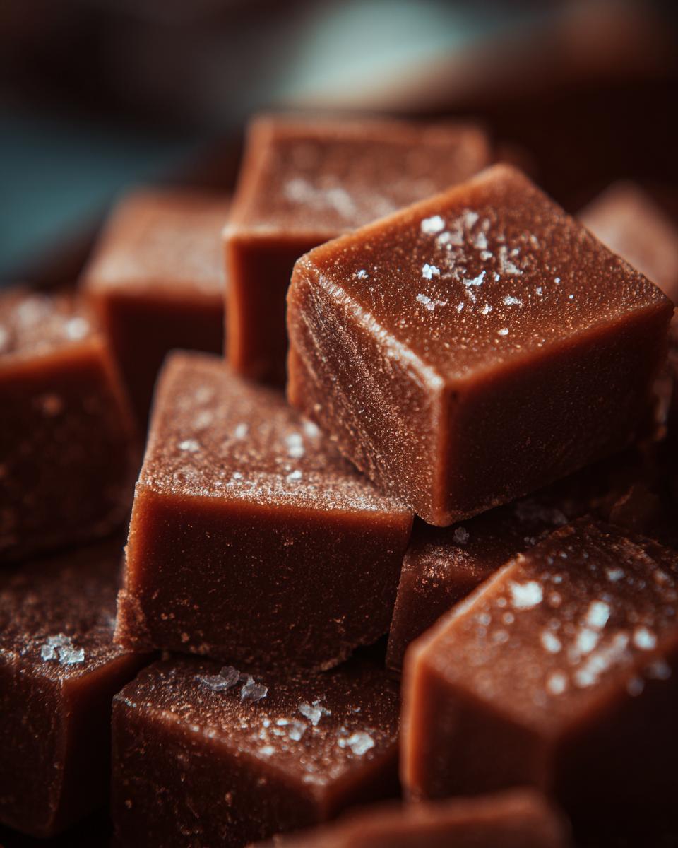 Close-up of rich, dark chocolate fudge cubes sprinkled with sea salt.