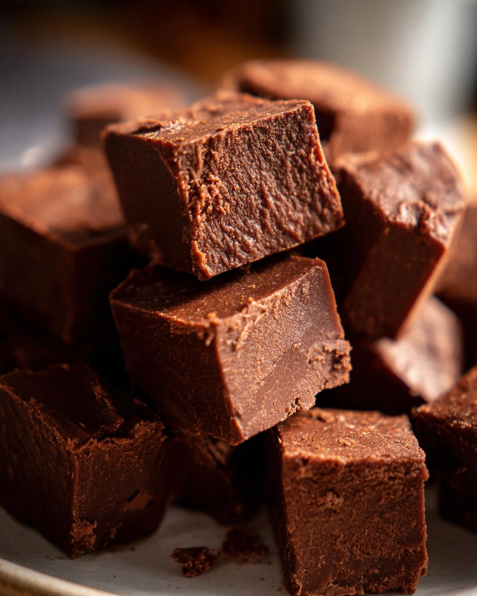 A close-up, stacked pile of rich, dark chocolate fudge cut into bite-sized squares.