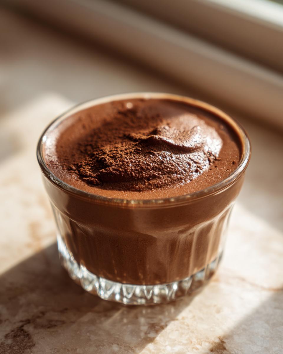 A close-up of decadent chocolate mousse dusted with cocoa powder in a clear glass.