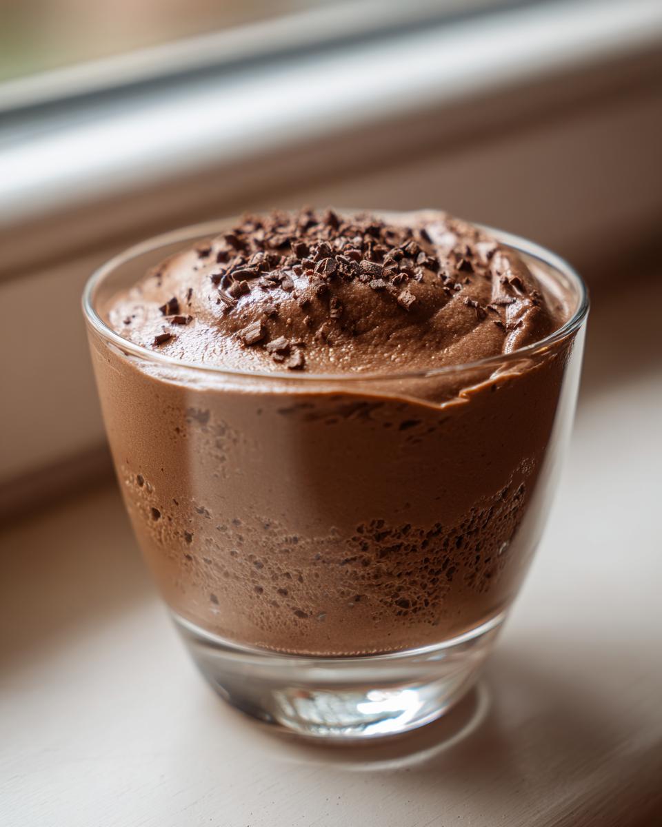 A close-up of decadent chocolate mousse in a glass, topped with chocolate shavings.