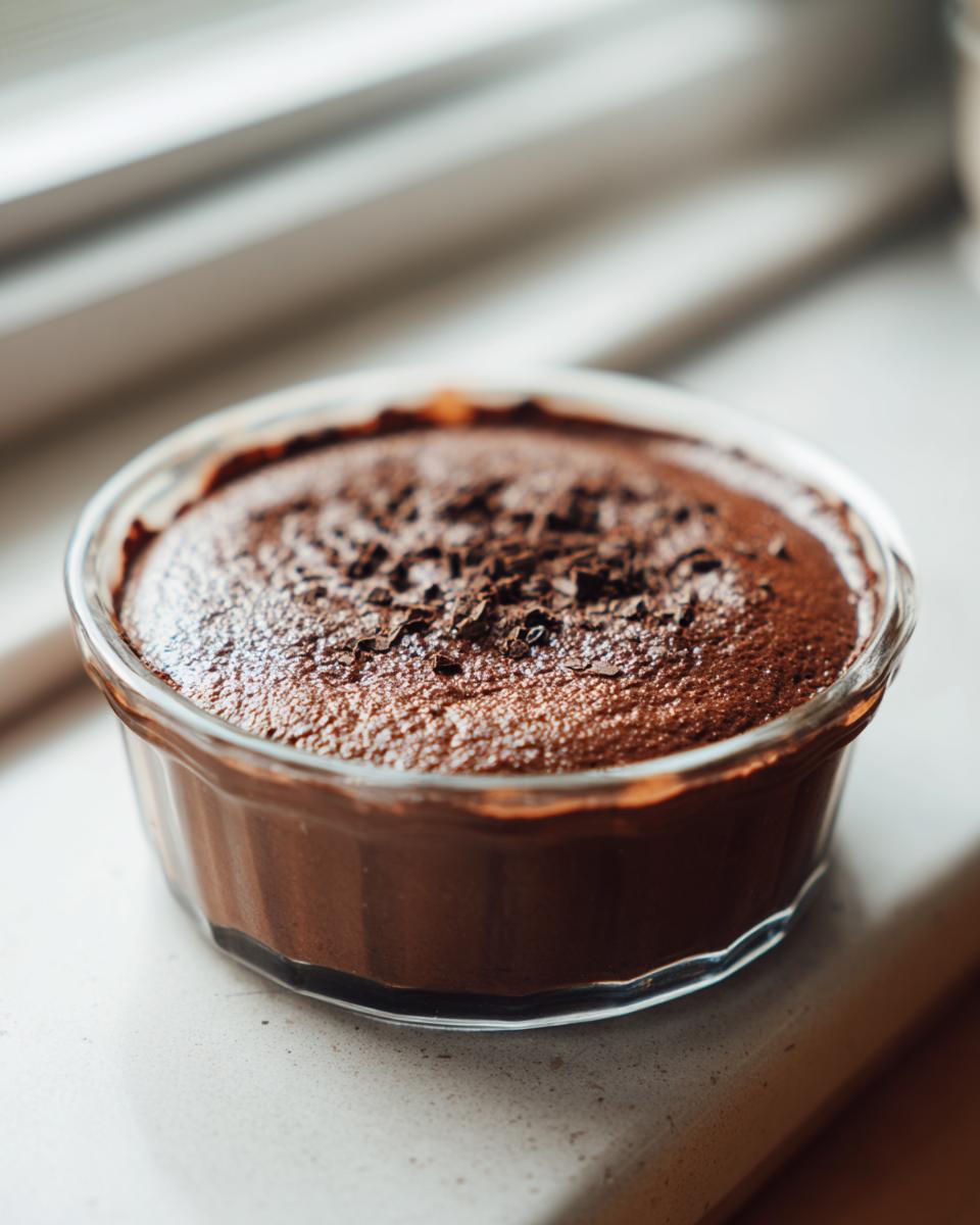 A close-up of rich Chocolate Mousse served in a clear glass ramekin, topped with chocolate shavings and a dusting of powdered sugar.