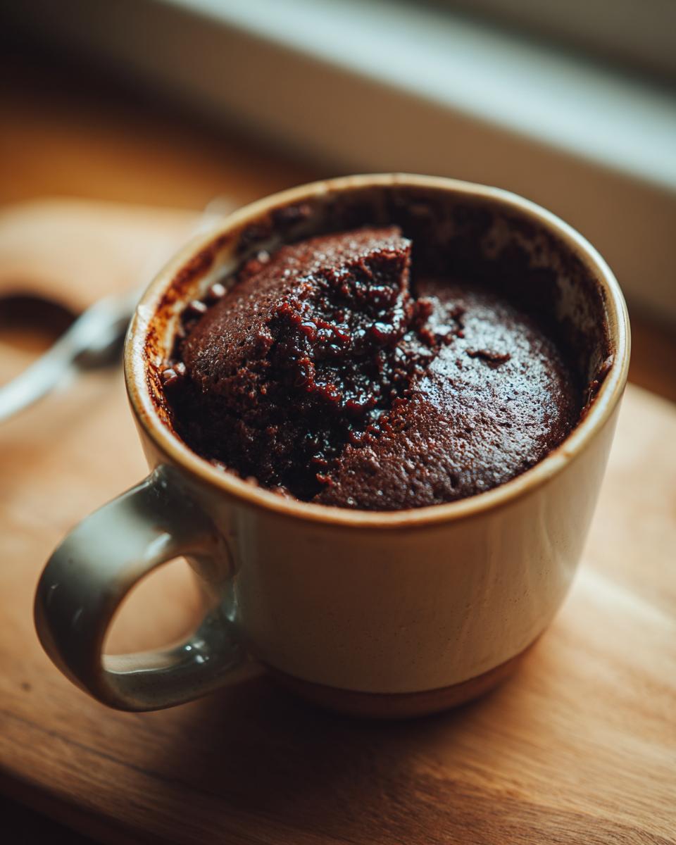 Close-up of a rich, moist chocolate mug cake baked in a ceramic mug, ready to be enjoyed.