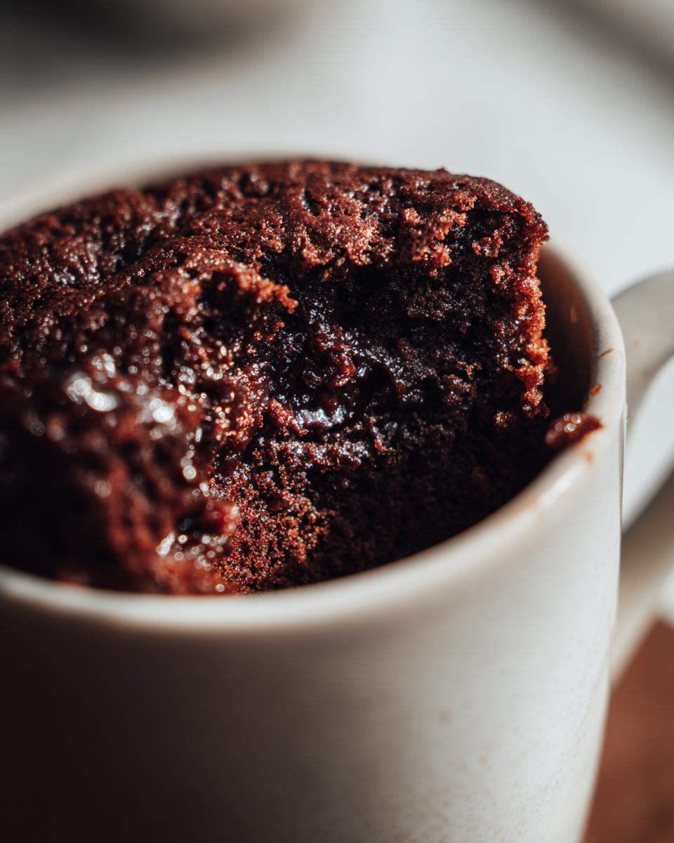A close-up of a rich, moist chocolate mug cake with a gooey center, ready to be enjoyed.