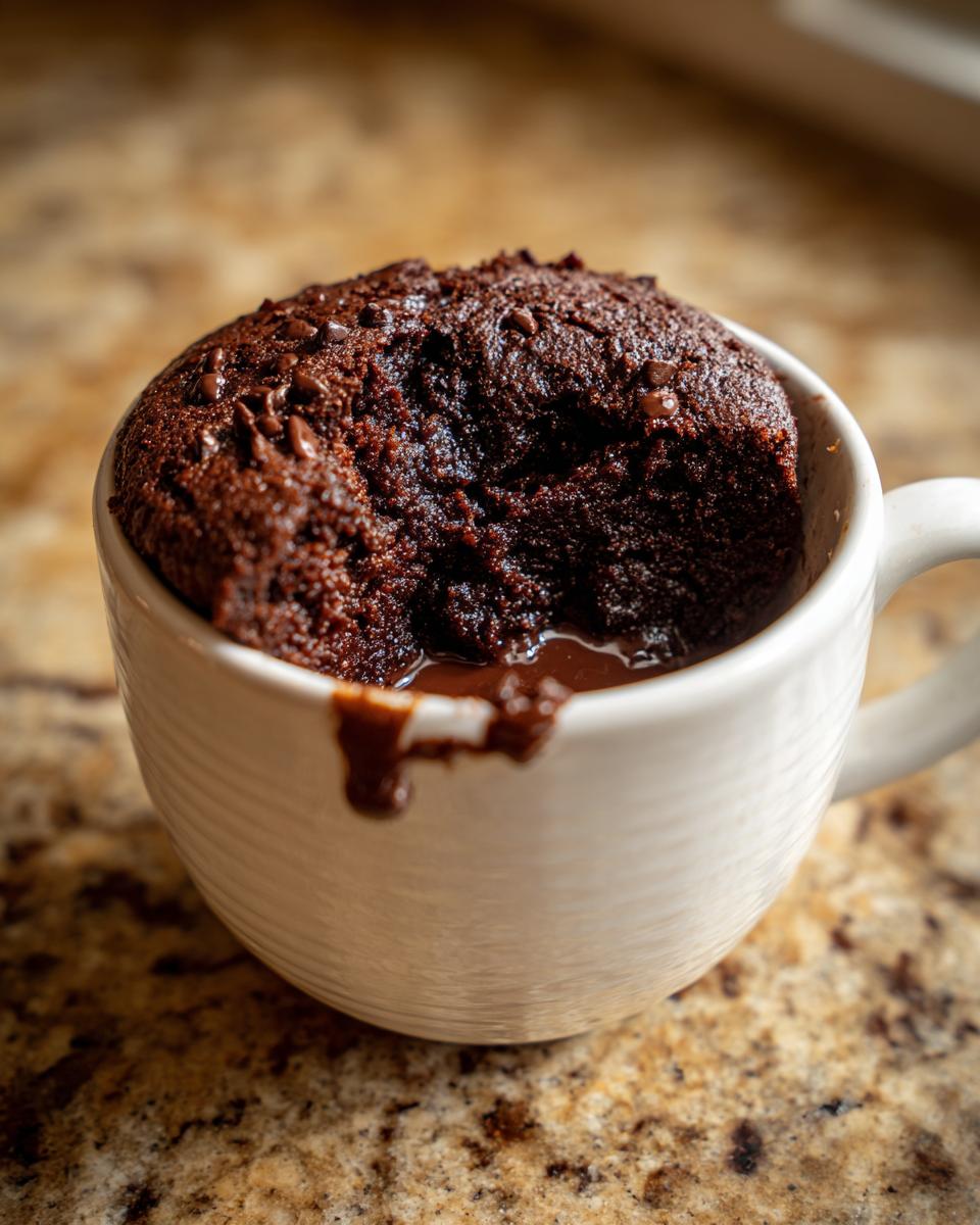 A decadent chocolate mug cake with a molten chocolate center, topped with chocolate chips.
