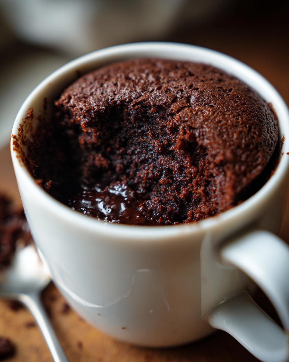 Close-up of a rich chocolate mug cake with a bite taken out, revealing a gooey molten chocolate center.
