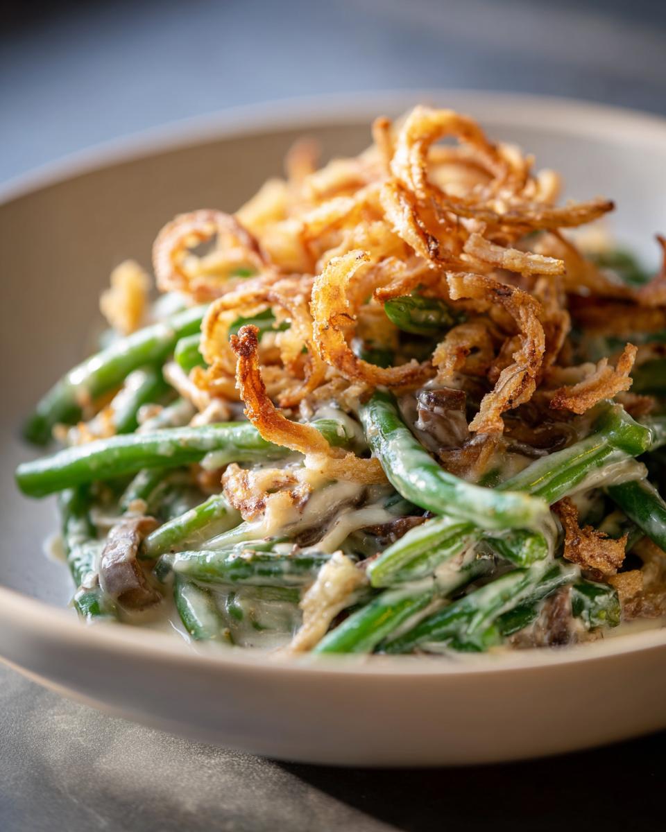 A close-up of a creamy Green Bean Casserole topped with golden crispy fried onions.
