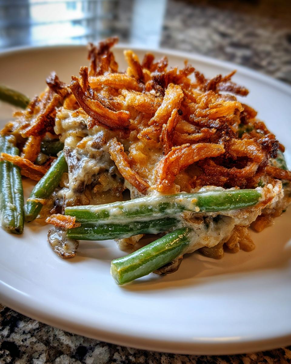 A close-up of a serving of classic green bean casserole topped with crispy fried onions and creamy mushroom sauce.