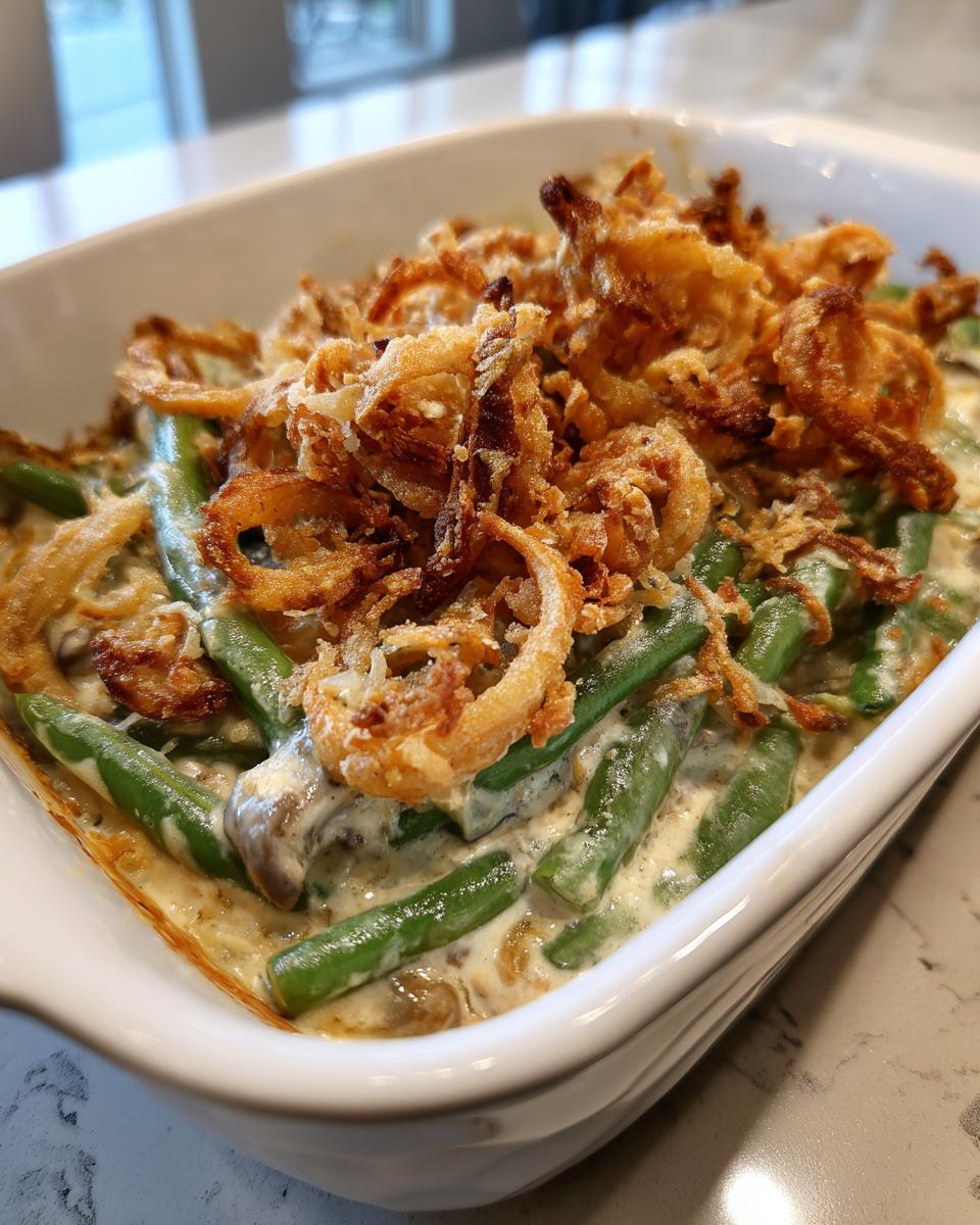 A close-up of a classic green bean casserole topped with crispy fried onions in a white baking dish.