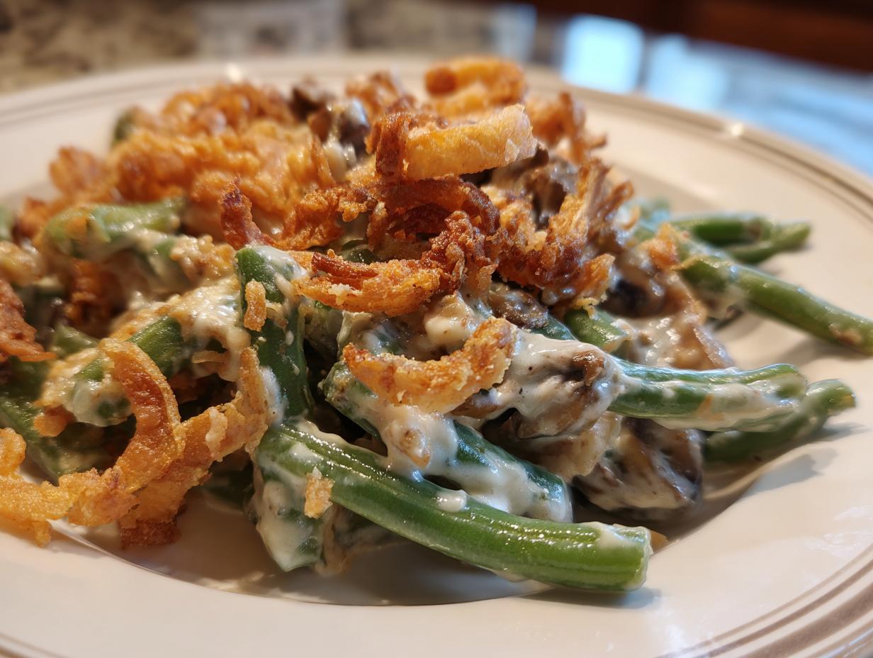 A close-up of a serving of classic green bean casserole topped with crispy fried onions and creamy mushroom sauce.