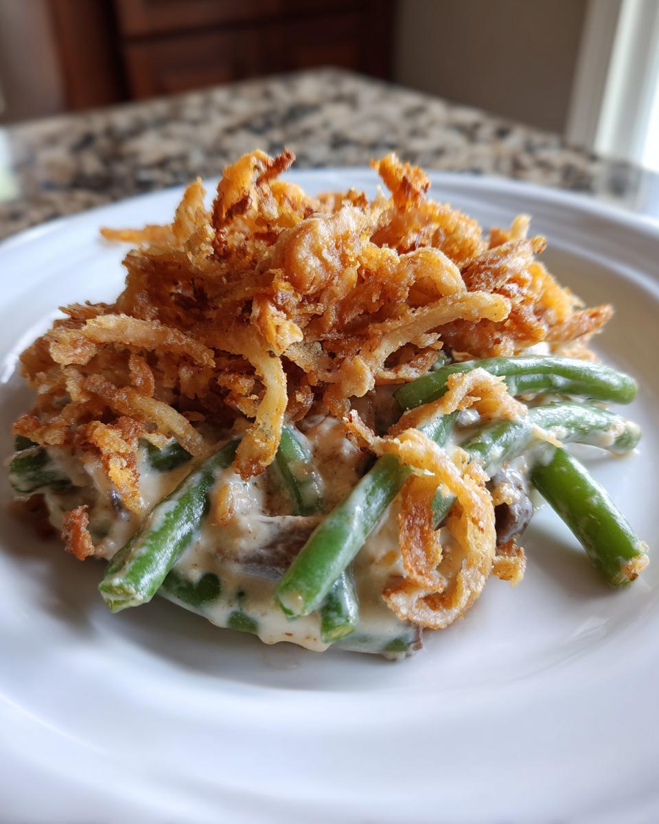 A serving of classic green bean casserole topped with golden crispy fried onions on a white plate.