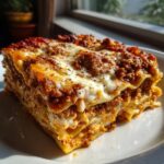 A hearty slice of classic lasagna with layers of pasta, meat sauce, and melted cheese, served on a white plate.