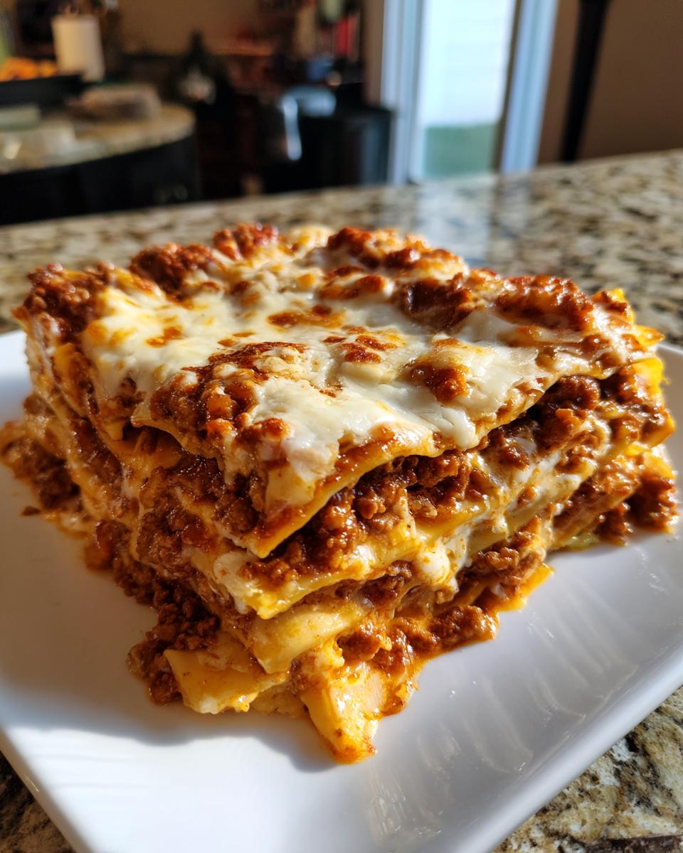 A close-up of a generous slice of classic lasagna, featuring layers of pasta, rich meat sauce, and melted cheese.