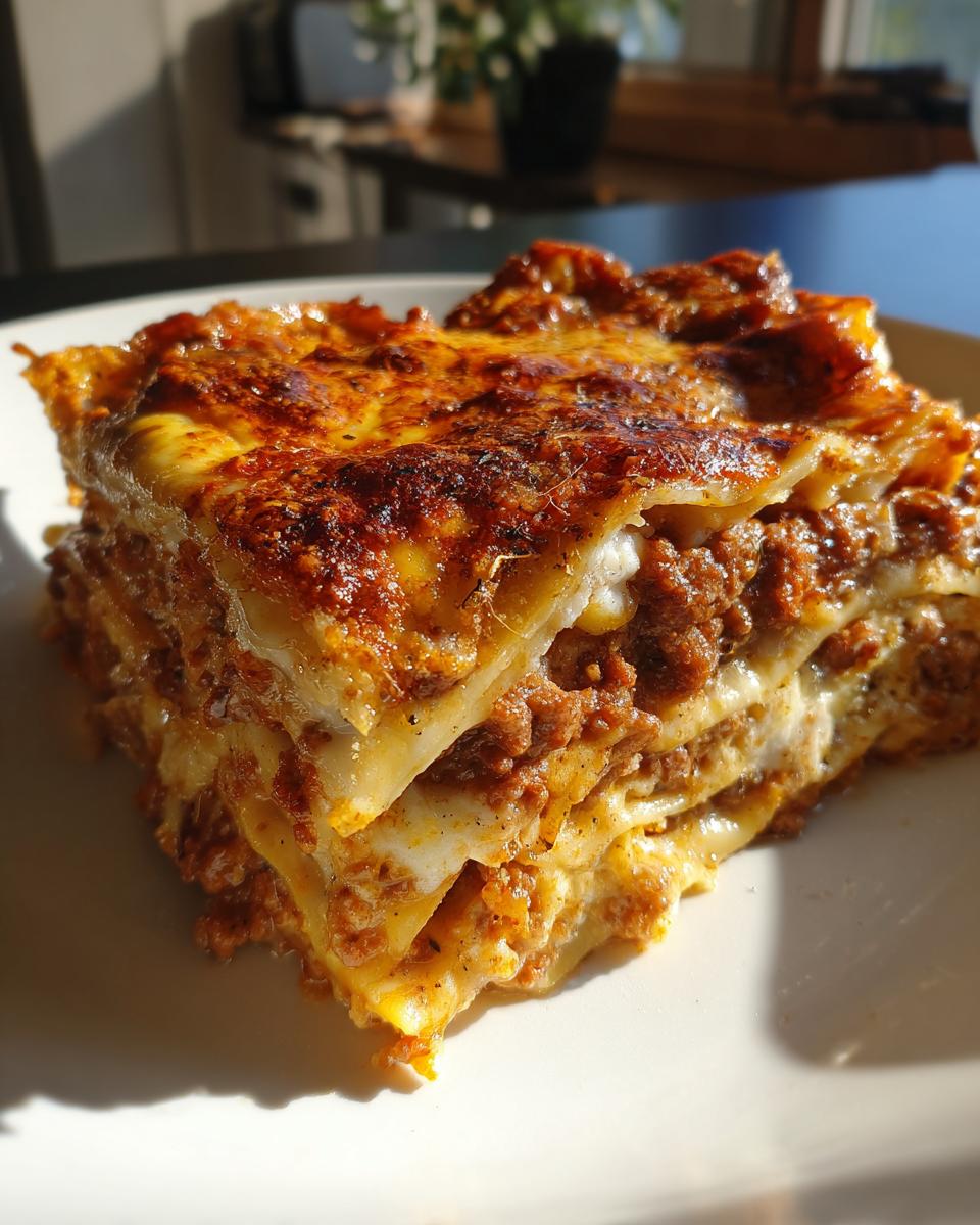 A mouthwatering slice of classic lasagna with layers of pasta, rich meat sauce, and melted cheese.