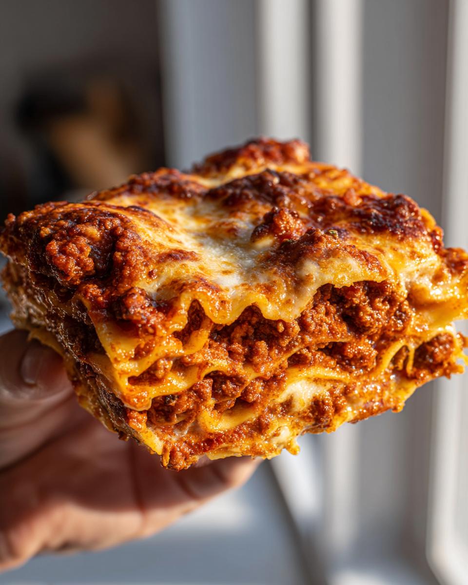 A generous slice of classic lasagna, showcasing layers of pasta, rich meat sauce, and melted cheese.