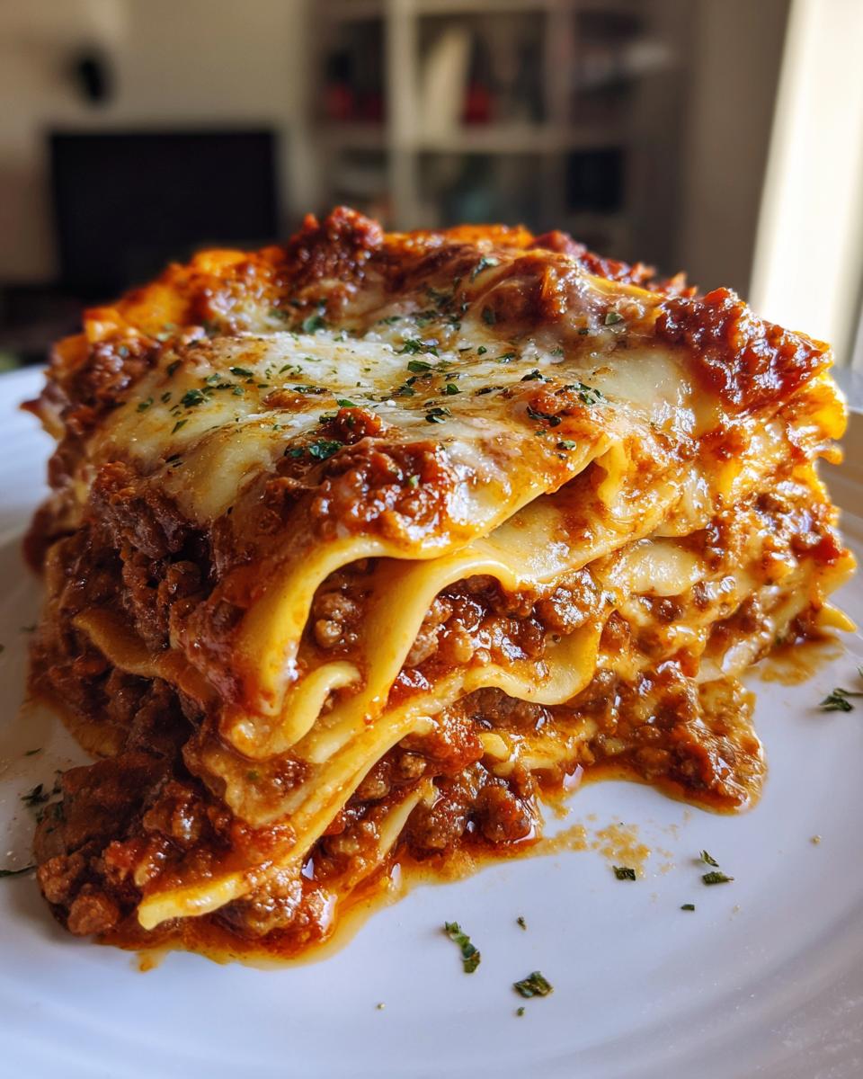 A hearty slice of classic lasagna, featuring layers of pasta, rich meat sauce, and melted cheese, garnished with parsley.