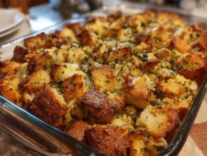 Close-up of a baking dish filled with golden brown, homemade stuffing, garnished with fresh herbs.