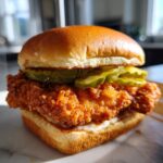 A close-up of a copycat Chick-fil-A chicken sandwich on a bun with pickles and sauce.