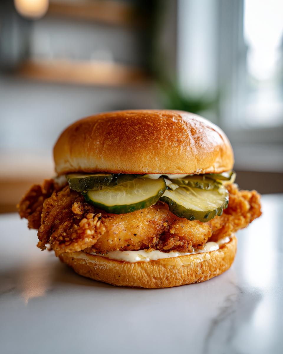A close-up of a copycat Chick-fil-A chicken sandwich, featuring a crispy fried chicken breast, pickles, and mayonnaise on a toasted bun.
