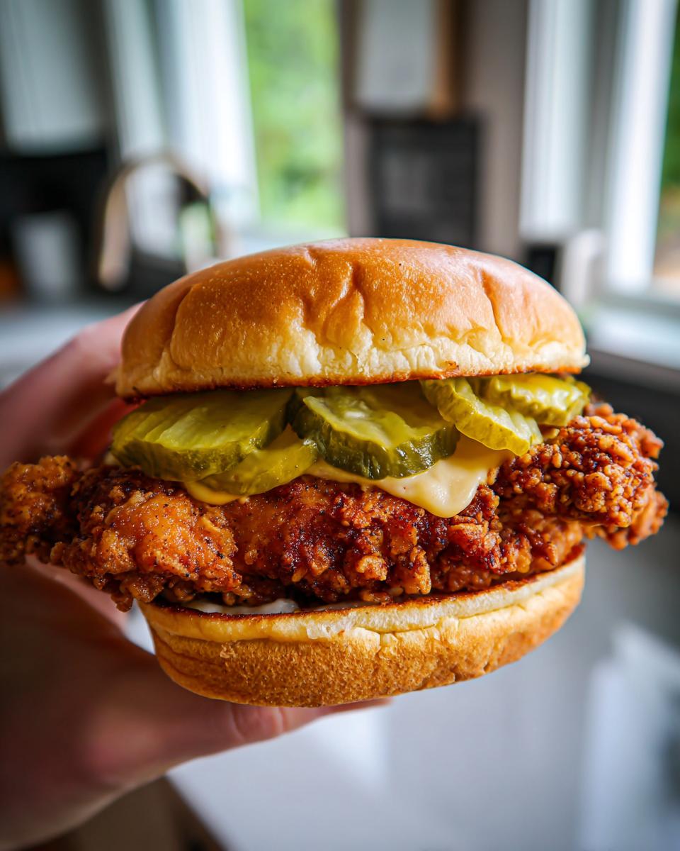 A hand holds a delicious copycat Chick-fil-A chicken sandwich with crispy fried chicken, pickles, and cheese on a bun.