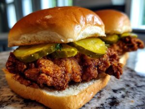 Close-up of a delicious copycat Chick-fil-A chicken sandwich with crispy fried chicken and pickles on a bun.
