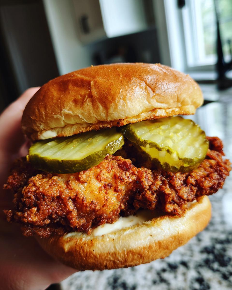 A close-up of a copycat Chick-fil-A chicken sandwich with crispy fried chicken, pickles, and mayonnaise on a bun.