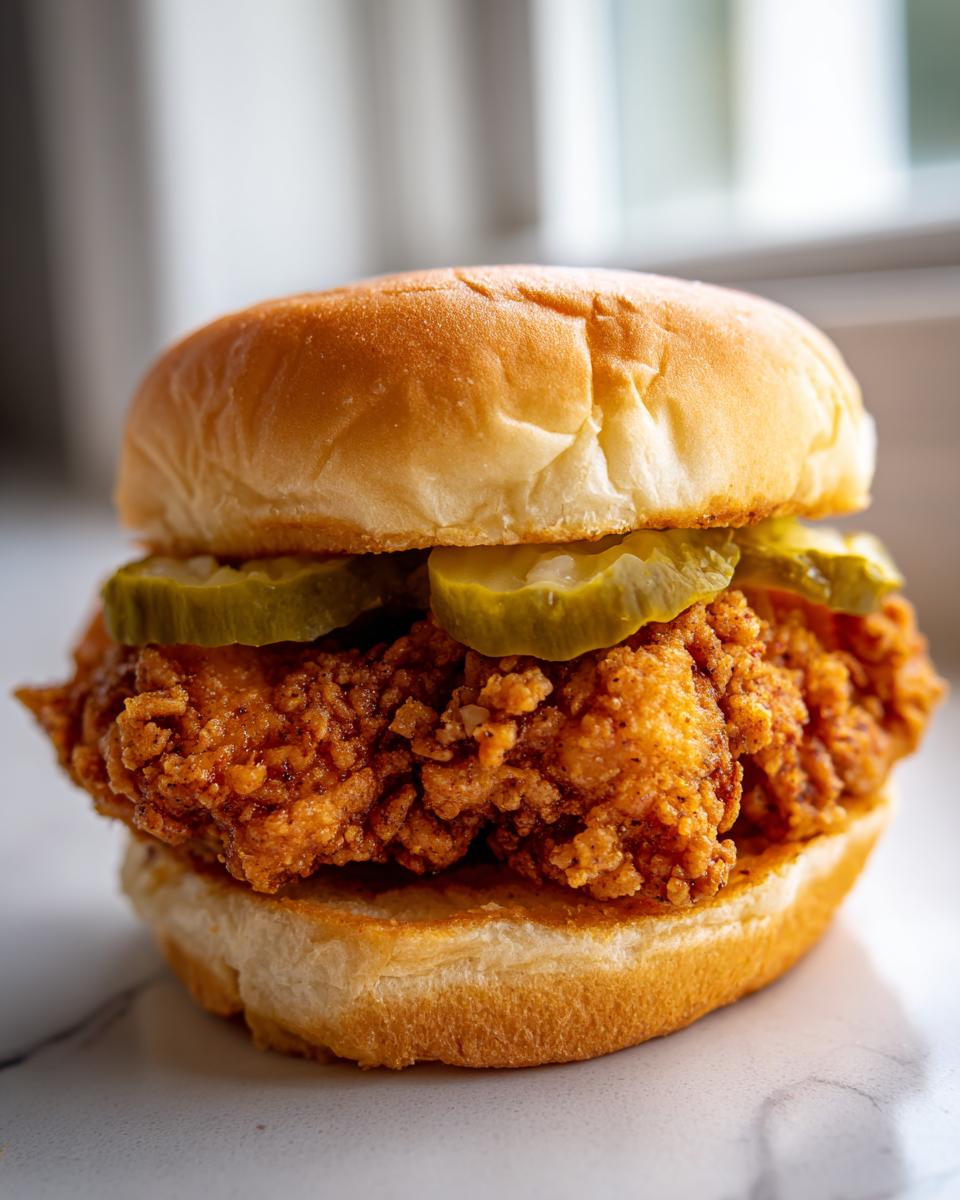 A close-up of a copycat Chick-fil-A chicken sandwich with crispy fried chicken, pickles, and a soft bun.