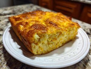 A golden-brown slice of delicious corn casserole served on a white plate, showcasing visible corn kernels.
