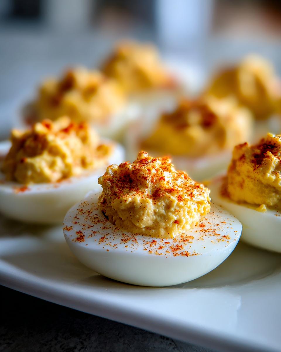 Close-up of creamy deviled eggs, generously filled and sprinkled with paprika.