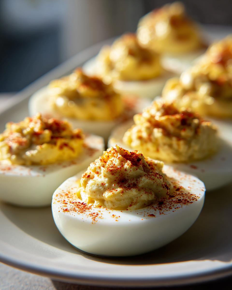 Close-up of creamy deviled eggs topped with paprika on a white plate.