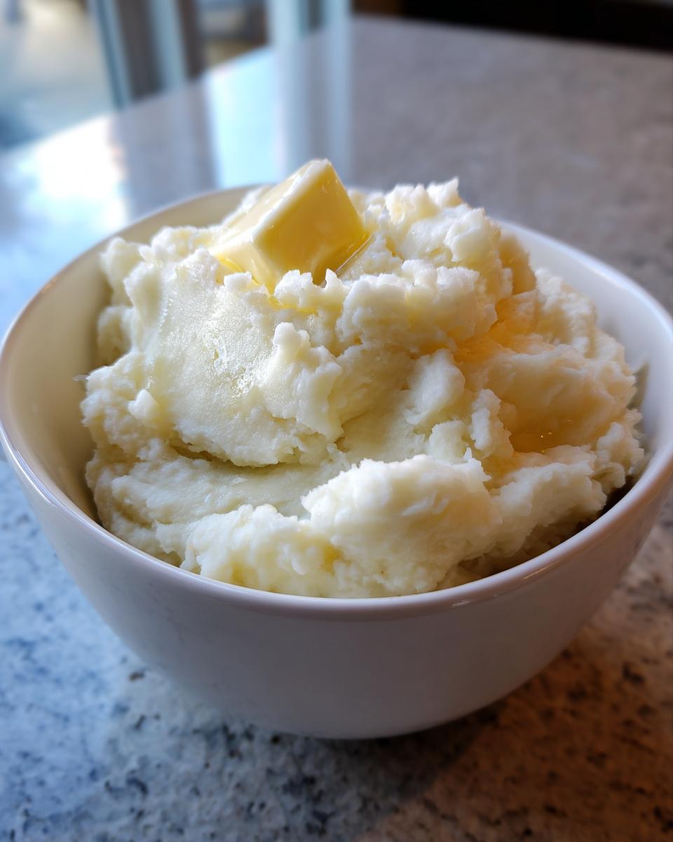 A close-up of a white bowl filled with fluffy mashed potatoes, topped with a melting pat of butter.