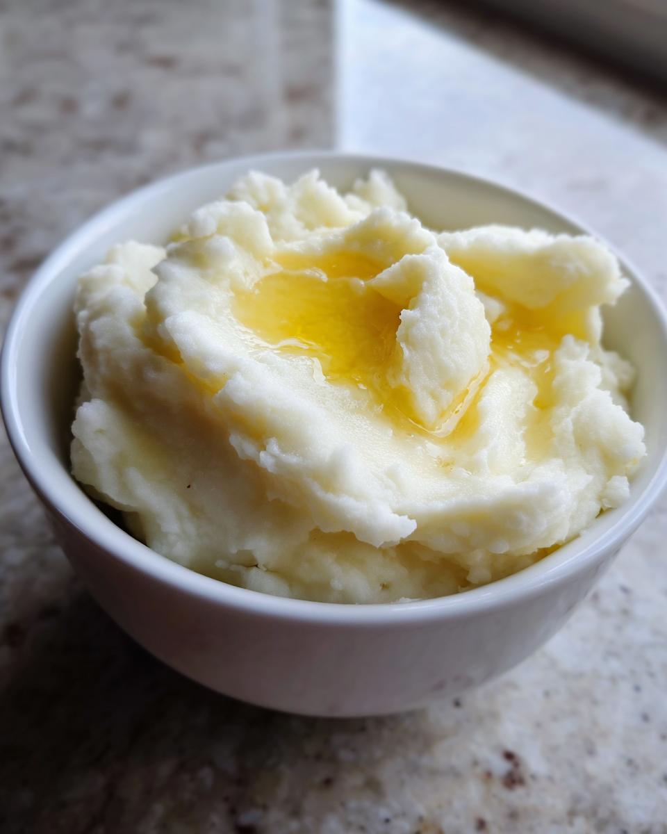 A close-up of fluffy mashed potatoes in a white bowl, topped with melted butter.
