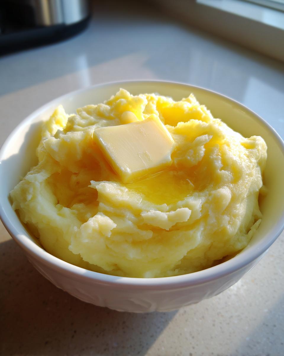A close-up of a bowl of fluffy mashed potatoes topped with a melting pat of butter.